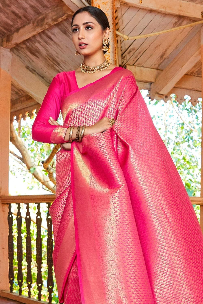 Luxe Kanjivaram Semi-Silk Saree in Pink & Sea Green With Rich Zari Weaving