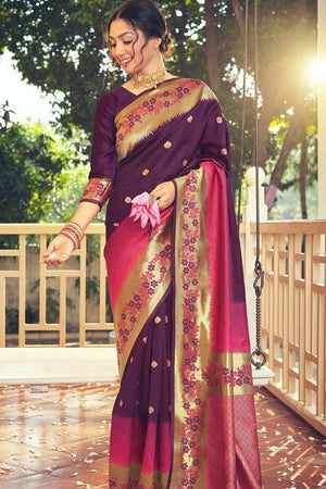 Kanjivaram Saree Floral Border Rasin Purple Kanjivaram Saree saree online