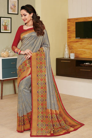 Grey & Maroon Meenakari & Gold Zari Woven Handcrafted Kanjivaram Saree