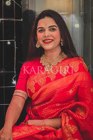 MITALI MAYEKAR in Scarlet Red Kanjivaram Fusion Saree
