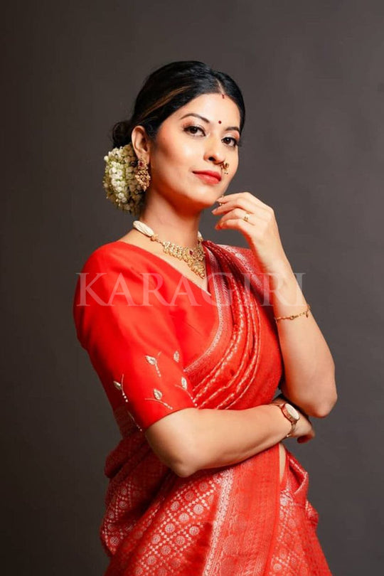 ABHIDNYA BHAVE in Starfish Orange Zari Work Kanjivaram Saree ABHIDNYA BHAVE in Starfish Orange Zari Work Kanjivaram Saree