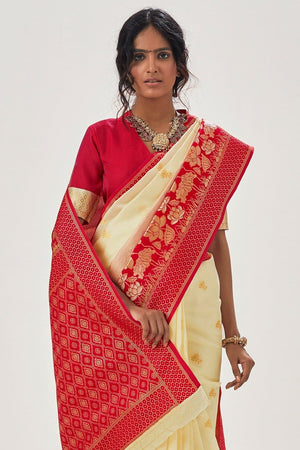 Tan Cream Woven Kanjivaram Saree