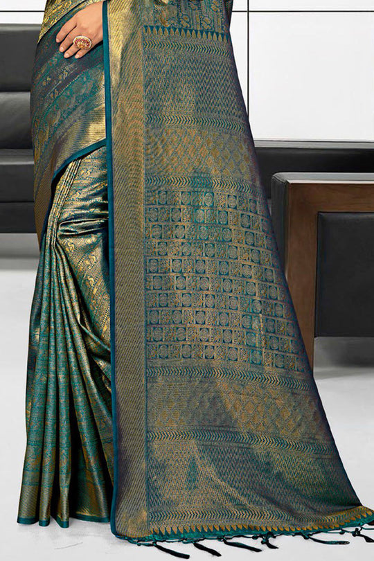 Teal Blue Kanjivaram Saree designer saree