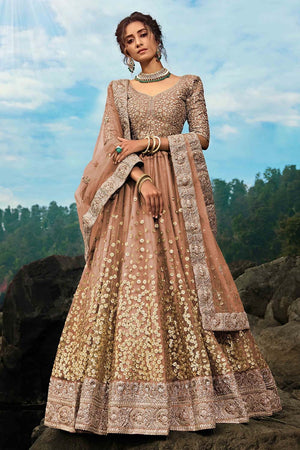 Caramel Brown Embroidered Soft Net Lehenga