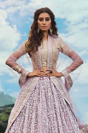 Lilac Purple Embroidered Soft Net Lehenga