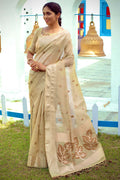 Alabaster Cream Tissue Linen Blend Saree linen saree images