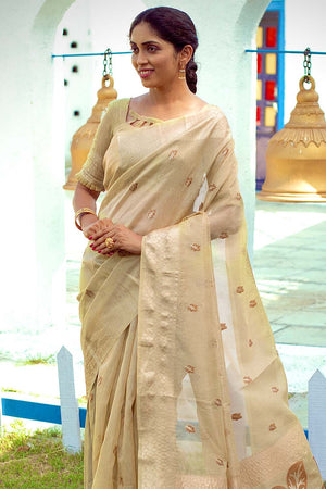 Alabaster Cream Tissue Linen Blend Saree