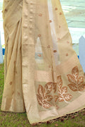 Alabaster Cream Tissue Linen Blend Saree linen saree collection