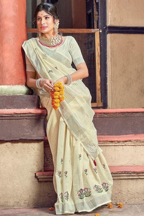 Alabaster White Linen Blend Saree linen saree online