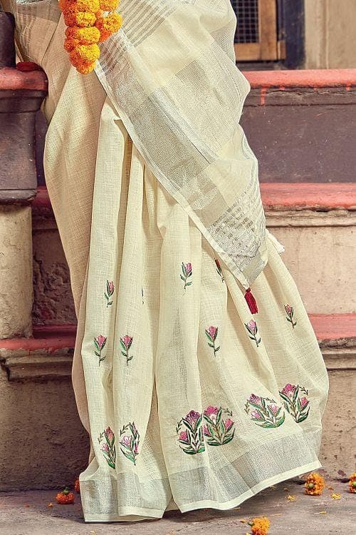 Alabaster White Linen Blend Saree linen sarees
