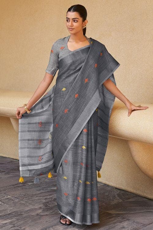 Anchor Grey Linen Blend Saree linen saree blouse design