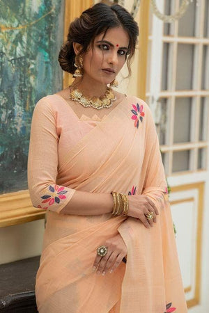 Apricot Orange Linen Blend Saree
