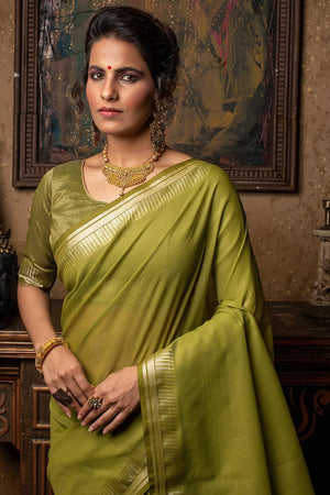 Avocado Green Plain Linen Blend Saree