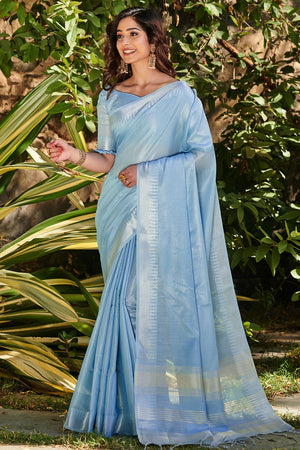 Baby Blue Linen Blend Saree