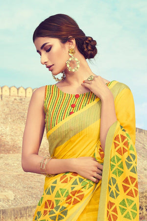 Buy Beautiful amber yellow linen saree online - Karagiri