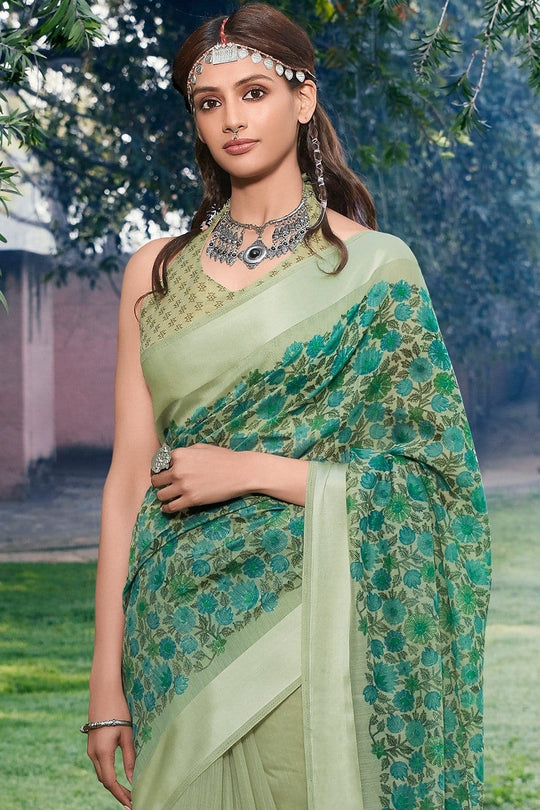 Beautiful Asparagus Green Cotton Linen Blend Saree Beautiful Asparagus Green Cotton Linen Blend Saree