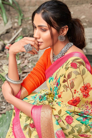 Beautiful Banana Yellow Linen Blend Saree