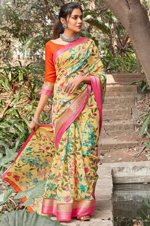 Beautiful Banana Yellow Linen Blend Saree