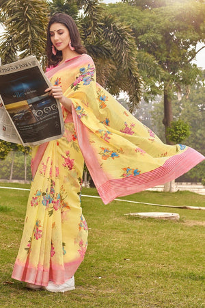 Beautiful Blonde Yellow Linen Blend Saree
