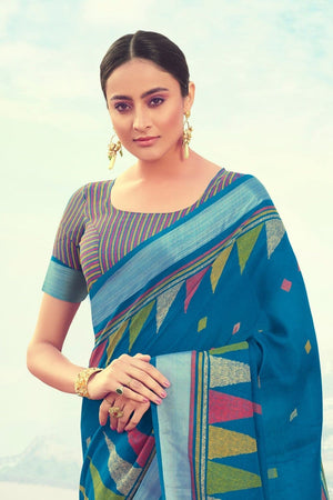 Beautiful Cobalt Blue Linen Blend Saree