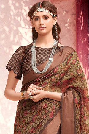 Beautiful Coffee Brown Cotton Linen Blend Saree