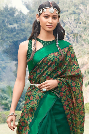 Beautiful Deep Green Cotton Linen Blend Saree