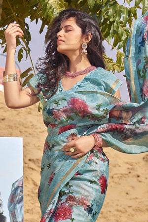 Beautiful Deep Sky Blue Cotton Linen Blend Saree