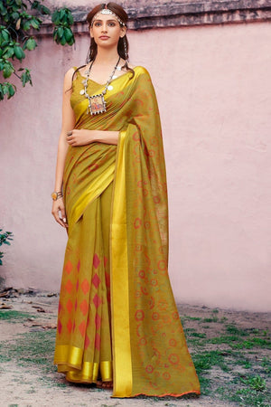 Beautiful Dijon Yellow Cotton Linen Blend Saree