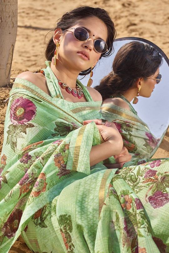 Beautiful Fern Green Cotton Linen Blend Saree Beautiful Fern Green Cotton Linen Blend Saree