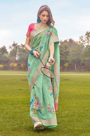 Beautiful Fern Green Linen Blend Saree