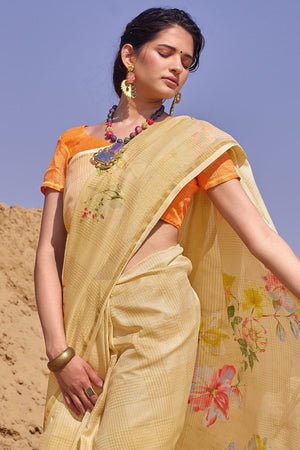 Beautiful Flaxen Yellow Cotton Linen Blend Saree