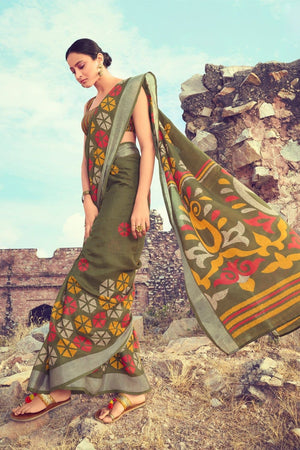 Buy Beautiful khaki green linen saree online - Karagiri