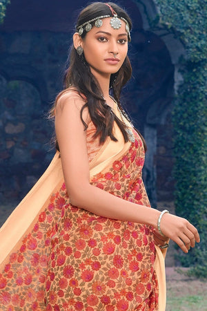 Beautiful Melon Orange Cotton Linen Blend Saree