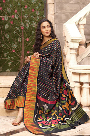 Beautiful Oil Black Cotton Linen Blend Saree