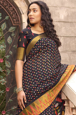 Beautiful Oil Black Cotton Linen Blend Saree