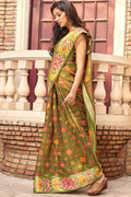 Beautiful Olive Green Cotton Linen Blend Saree Beautiful Olive Green Cotton Linen Blend Saree