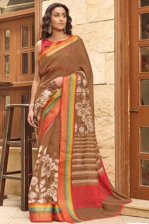Beautiful Pastel Brown Cotton Linen Blend Saree