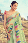 Beautiful Pastel Green Linen Blend Saree Buy Beautiful pastel green linen saree online - Karagiri