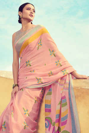 Buy Beautiful pastel pink linen saree online - Karagiri