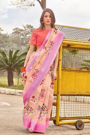 Beautiful Peach Linen Blend Saree