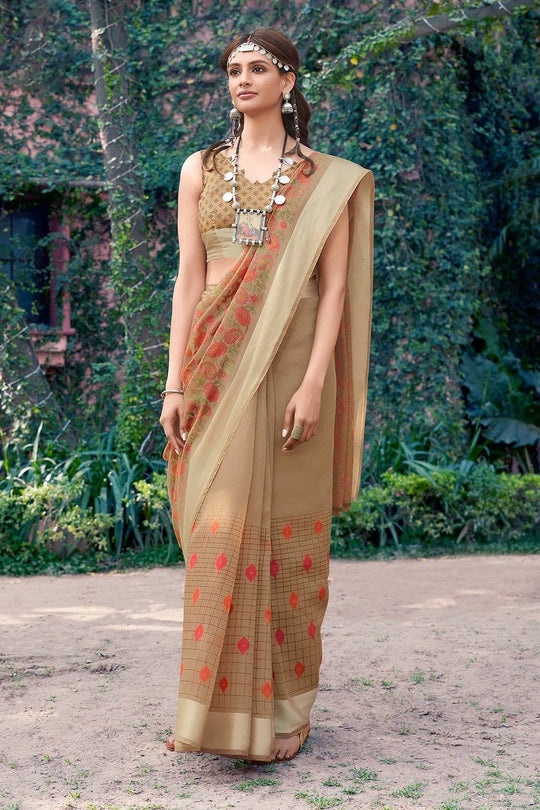 Beautiful Tan Brown Cotton Linen Blend Saree Beautiful Tan Brown Cotton Linen Blend Saree