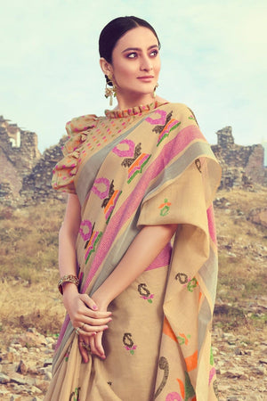 Beautiful Tan Brown Linen Blend Saree
