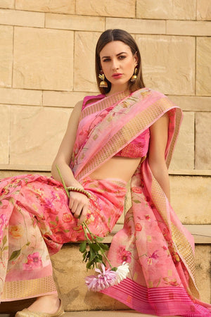 Beautiful Watermelon Pink Linen Saree