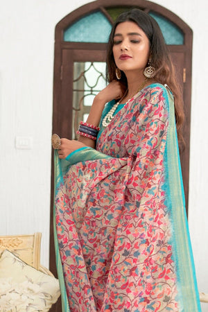 Linen Saree Blue,Pink Digital Printed Linen Saree saree online