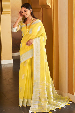 Bright Yellow Linen Blend Saree