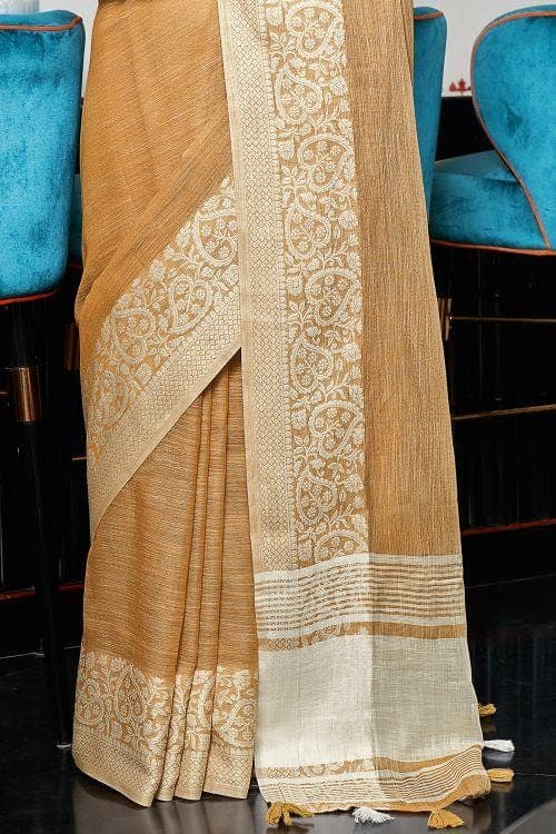 Buff Beige Linen Blend Saree linen sarees