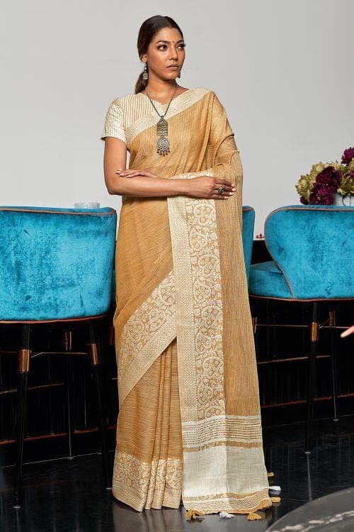 Buff Beige Linen Blend Saree linen saree online