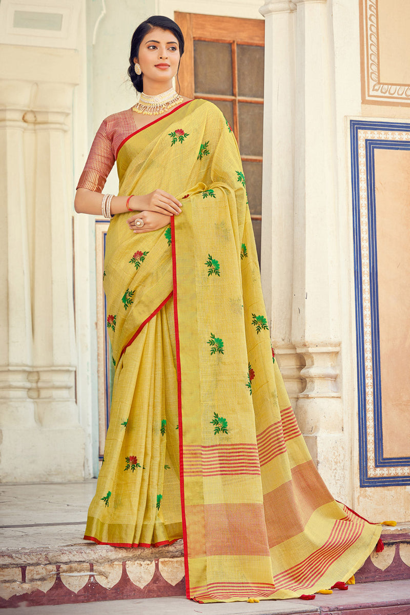 Buy Canary Yellow Linen Saree onlineKaragiri