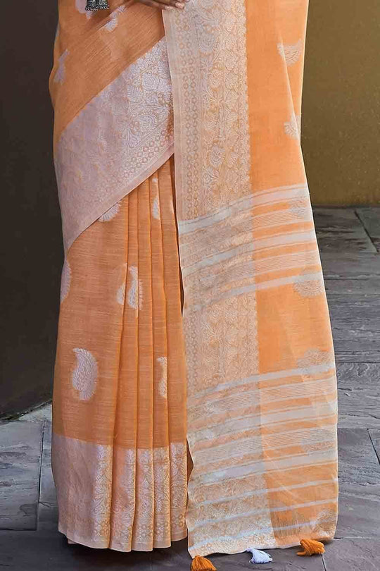 Candlelight Orange Linen Blend Saree linen saree blouse designs