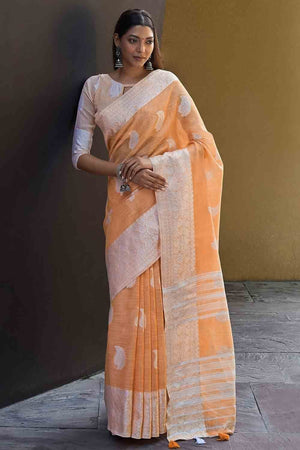 Candlelight Orange Linen Blend Saree